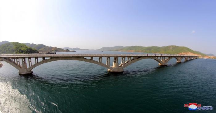 FILE PHOTO: Part of the completed railway bridge across Sokjon Bay