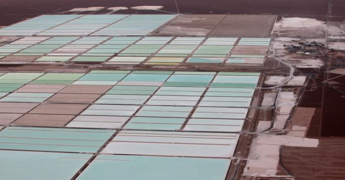 FILE PHOTO: An aerial view shows the brine pools of a lithium mine on the Atacama salt flat in
