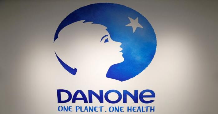 FILE PHOTO: The logo of French food group Danone is pictured during the company's 2017 annual