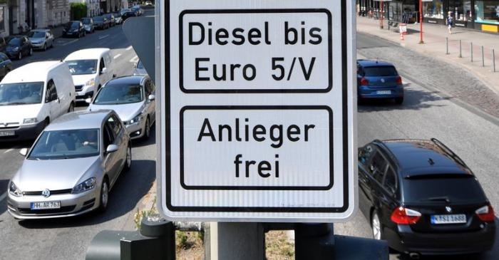FILE PHOTO: A traffic sign, which ban diesel cars is pictured at the Max-Brauer Allee in