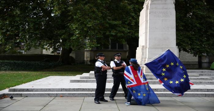 An anti-Brexit demonstrator chats to police officers outside the Houses of Parliament, in