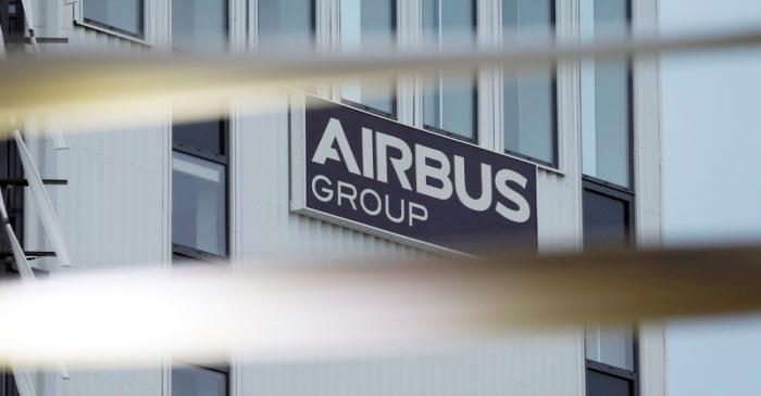 The logo of  Airbus is pictured during Airbus annual press conference on the 2017 financial