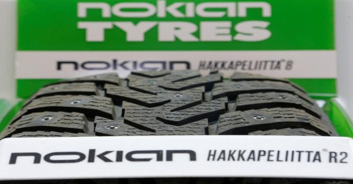 FILE PHOTO: A Nokian tyre is on display at a tyre assembling centre and shop in Moscow