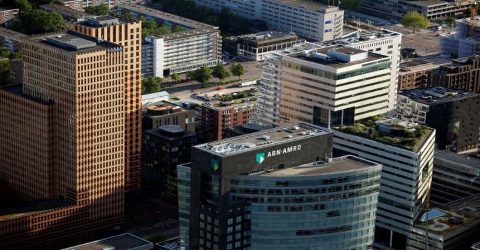 FILE PHOTO: The ABN AMRO bank building is pictured in Zuidas in this aerial shot of Amsterdam