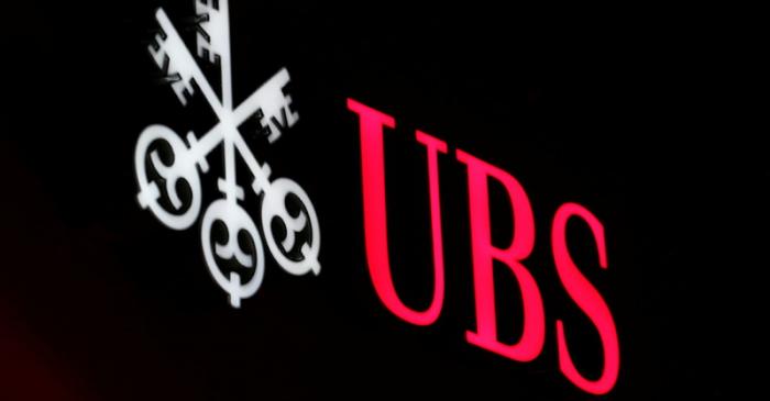 The logo of Swiss bank UBS is seen in St. Moritz