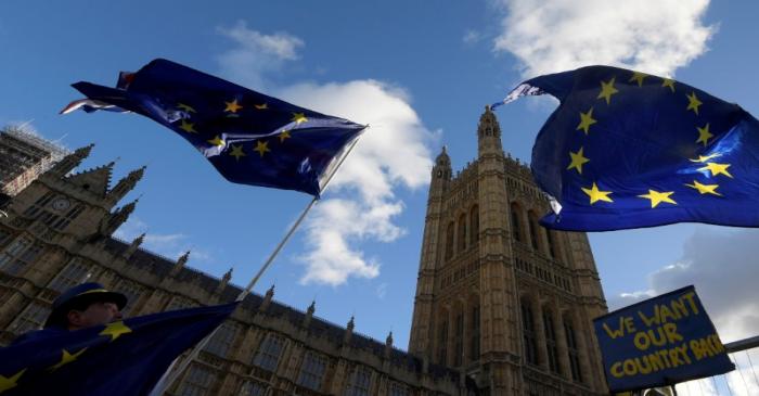 An anti-Brexit protestor flies flags near the Houses of Parliament in London