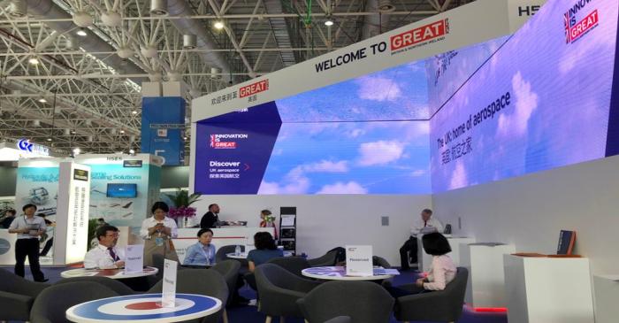 People are seen at the British pavilion during the Zhuhai Airshow