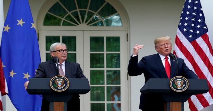 U.S. President Donald Trump and President of the European Commission Jean-Claude Juncker speak