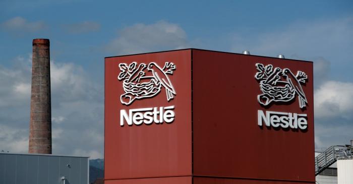 A Nestle logo is pictured on a coffee factory in Orbe