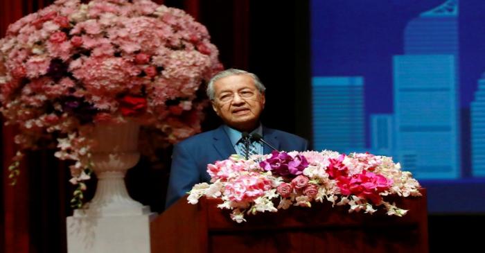 Malaysian Prime Minister Mahathir Mohamad gives a speech at Chulalongkorn University, in