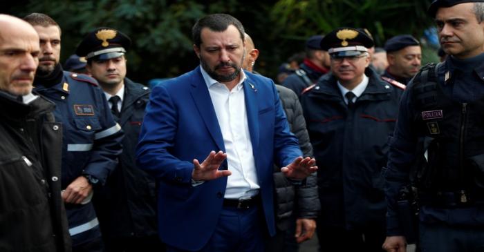 Italy's Interior Minister Matteo Salvini arrives after police confiscated a villa built