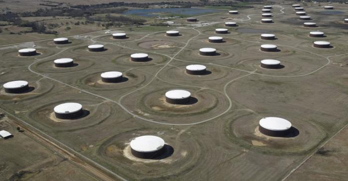 FILE PHOTO: Crude oil storage tanks are seen from above at the Cushing oil hub