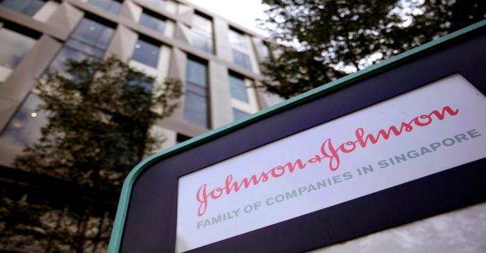 FILE PHOTO:  Johnson and Johnson logo is seen at an office building in Singapore