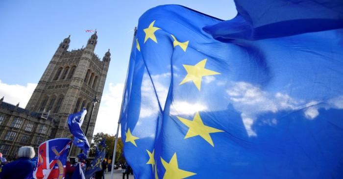 FILE PHOTO: Anti-Brexit demonstrators wave flags outside the Houses of Parliament in London