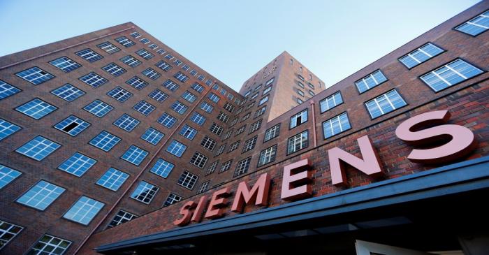 FILE PHOTO: The Siemens logo on a building in Siemensstadt in Berlin
