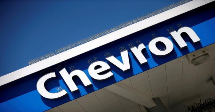 FILE PHOTO: Dow Jones Industrial Average listed company Chevron (CVX)'s logo is seen in Los