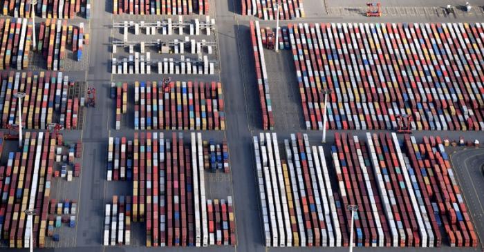 FILE PHOTO: Aerial view of containers at a loading terminal in the port of Hamburg