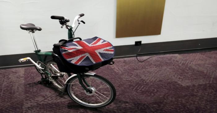 FILE PHOTO: A bag with a Union Jack flag is pictured on a folding bike in Bern