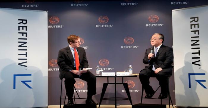 Japan's Vice Finance Minister Shigeaki Okamoto talks with Reuters Japan Bureau Chief William