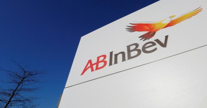 FILE PHOTO: The logo of Anheuser-Busch InBev is pictured outside the brewer's headquarters in