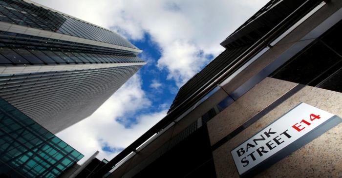 FILE PHOTO: A sign for Bank Street and high rise offices are seen in the financial district in