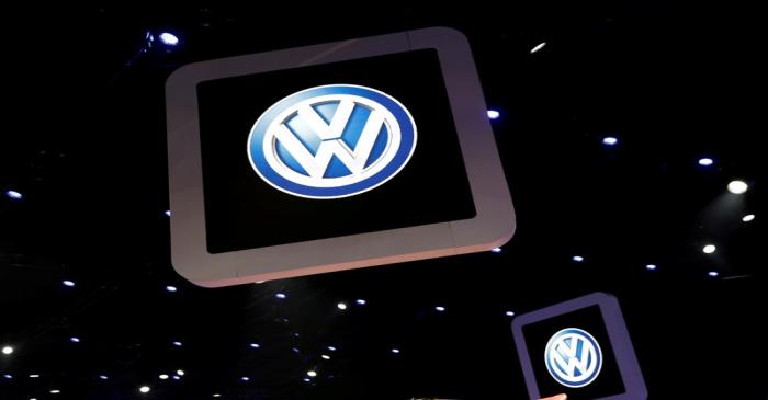 FILE PHOTO: Volkswagen logos are pictured during the media day of the  Salao do Automovel