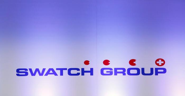 A logo of Swiss watchmaker Swatch Group is pictured during the annual news conference in Biell