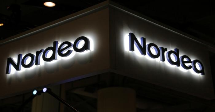 FILE PHOTO:  The Nordea Bank AB logo is seen at the SIBOS banking and financial conference in