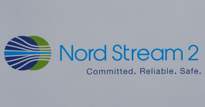 The logo of the Nord Stream-2 gas pipeline project is seen on a board at the SPIEF 2017 in St.