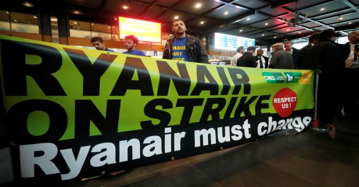 FILE PHOTO: Belgian Ryanair pilots and crew members take part in a protest during a wider