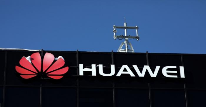 The Huawei logo is pictured outside their research facility in Ottawa