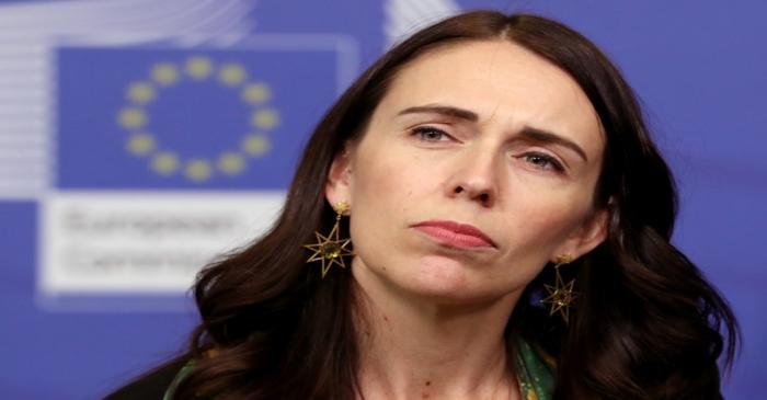 New Zealand's Prime Minister Jacinda Ardern reacts during a joint news conference with European