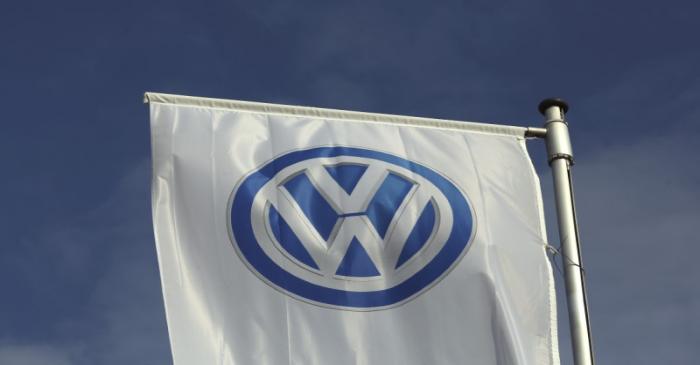 A flag of a Volkswagen VW car dealer is seen in Bochum