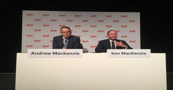 FILE PHOTO: BHP CEO Andrew Mackenzie and Chairman Ken Mackenzie attend the company's AGM in