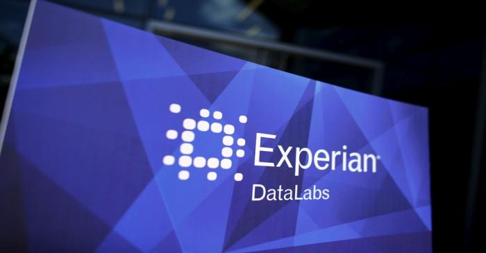 The corporate logo of information services company Experian is seen at the opening of its data