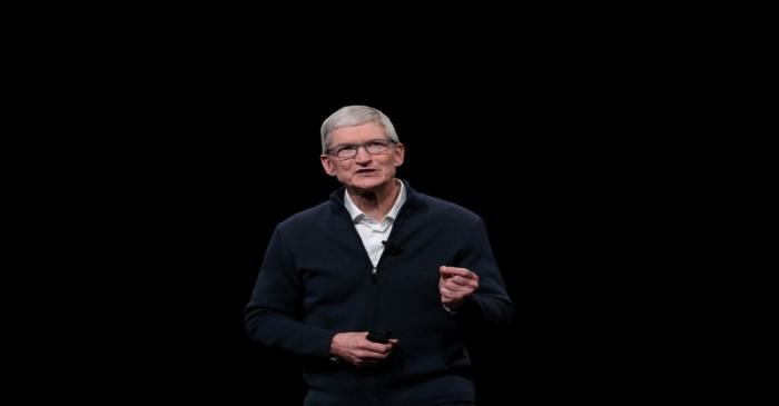 FILE PHOTO: Apple CEO Tim Cook speaks during an Apple launch event in the Brooklyn borough of