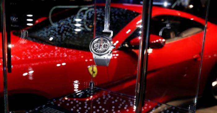 A Classic Fusion Ferrari GT Titanium watch of Swiss watch manufacturer Hublot is seen on