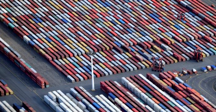 FILE PHOTO: Aerial view of containers at a loading terminal in the port of Hamburg