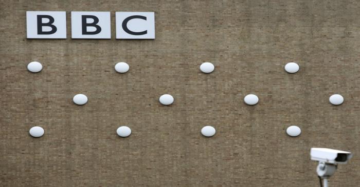 A BBC logo is seen on a building in White City, London