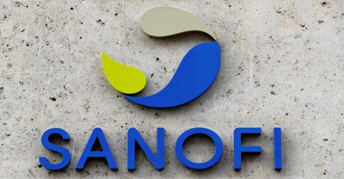French multinational pharmaceutical company SANOFI logo is seen at the headquarters in Paris