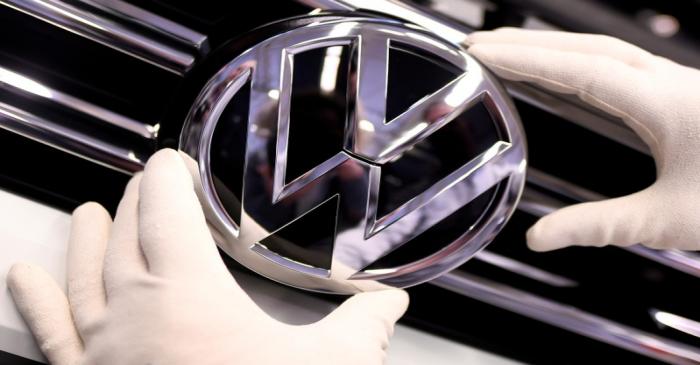 FILE PHOTO: FILE PHOTO: A Volkswagen badge on a production line at the VW plant in Wolfsburg,