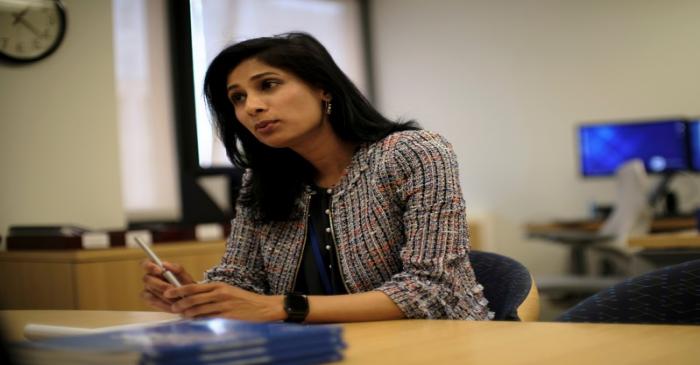 IMF Chief Economist Gita Gopinath speaks in her office during the Spring Meetings of the World