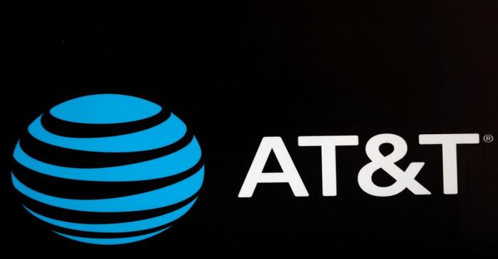 The AT&T logo is pictured during the Forbes Forum 2017 in Mexico City