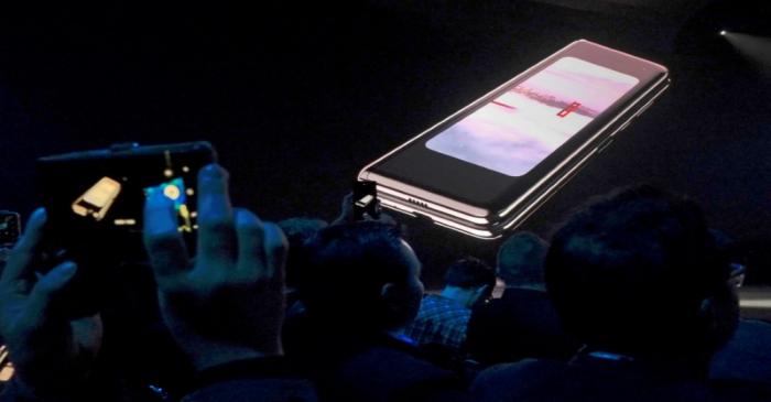 FILE PHOTO: The Samsung Galaxy Fold phone is shown on a screen at Samsung Electronics Co