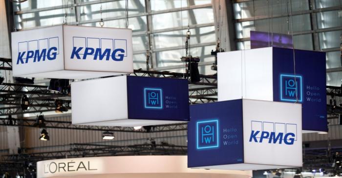The logo of KPMG, a professional service company is pictured during the Viva Tech start-up and