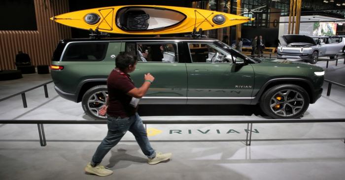 FILE PHOTO: FILE PHOTO: A Rivian R1S All-Electric SUV is displayed at the 2019 New York