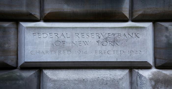 FILE PHOTO: The corner stone on the Federal Reserve Bank of New York in the financial district