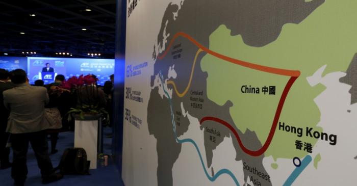 FILE PHOTO: A map illustrating China's silk road economic belt and the 21st century maritime