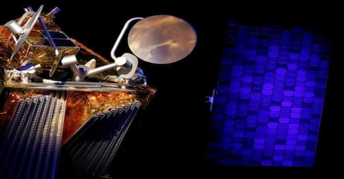 FILE PHOTO: A scale model of an Airbus OneWeb satellite and its solar panel are pictured as