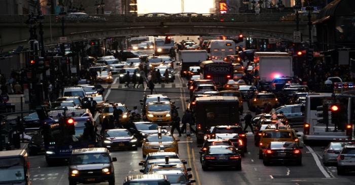 FILE PHOTO: Traffic is pictured at twilight along 42nd St. in Manhattan